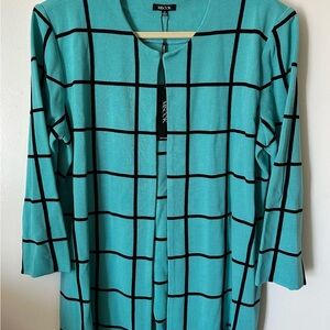 Misook Aqua and Black Grid Cardigan